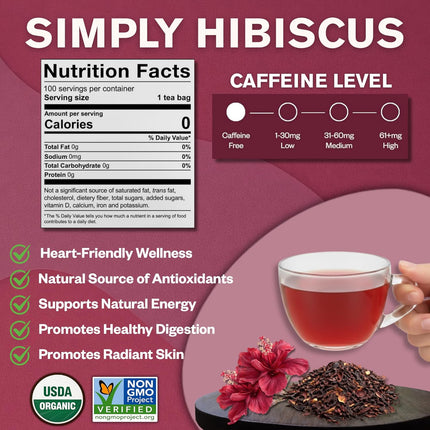Organic Hibiscus Herbal Tea Bags, 100 Count, Caffeine Free