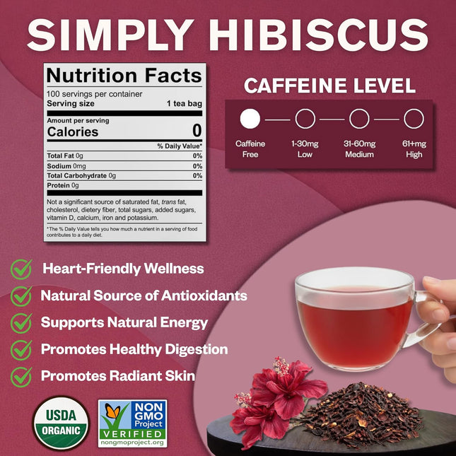 Organic Hibiscus Herbal Tea Bags, 100 Count, Caffeine Free