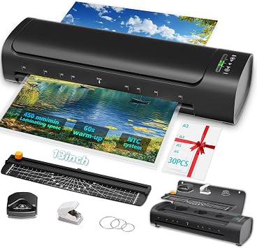 13 Inch A3 11-in-1 Hot & Cold Thermal Laminator Machine, 60S Warm-Up, Never-Jam Design, Black