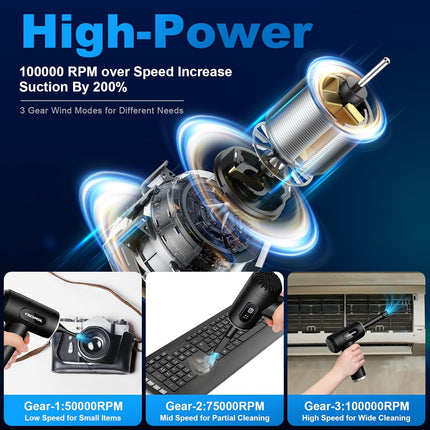Compressed Air Duster, 3-Gear Rechargeable Cordless Air Blower with LED Light, Black