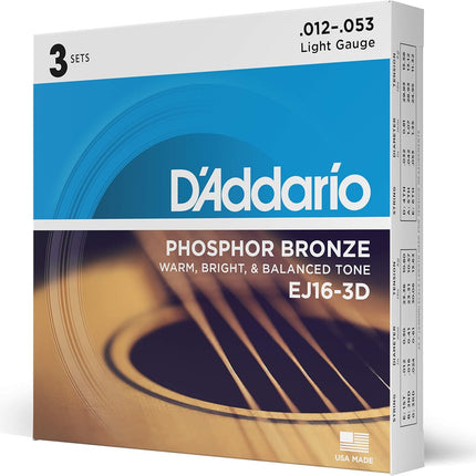 Phosphor Bronze Acoustic Guitar Strings, Light 12-53, 3-Pack