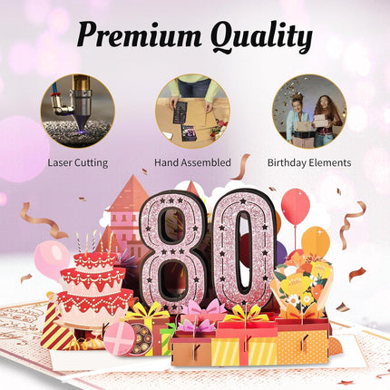 80th Birthday Card for Women, Large 3D Pop Up, Happy 80 Year Old Birthday Decorations, Back to 1946, Pink