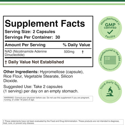 NAD+ 500mg Pure Anti-Aging Cell Support — 30 Day S