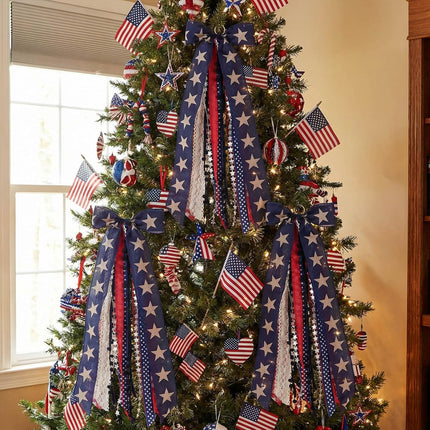 Large Patriotic Front Door Wreath Sash with 8-Ribbon Americana Star Bow