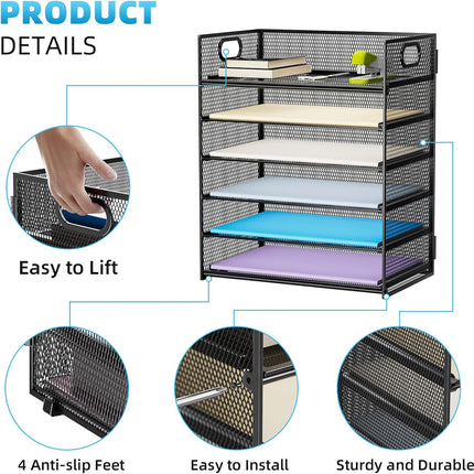 6 Tier Black Mesh Paper Organizer Letter Tray with Handle