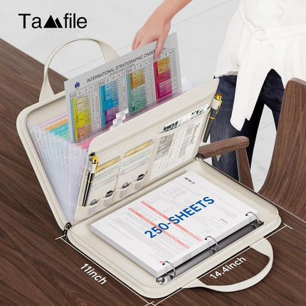 Fireproof Accordion File Organizer with Handle, 13 Pockets, Zipper, Labels and 1.5-Inch 3-Ring Binder, Beige