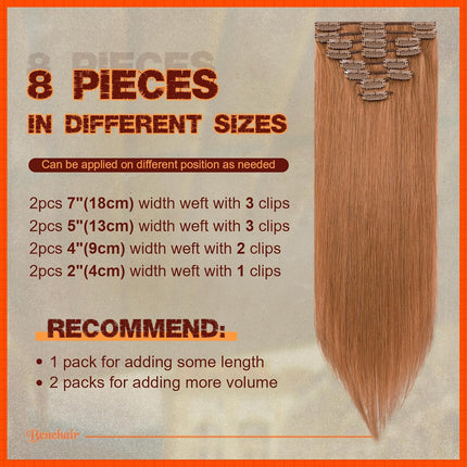 20-Inch Light Auburn Clip-In Remy Human Hair Extensions, 8-Piece Full Head Set