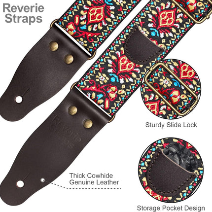 Jacquard Embroidered Guitar Strap with Cowhide Leather Ends