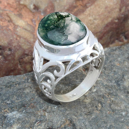 925 Sterling Silver Moss Agate Ring for Women & Girls