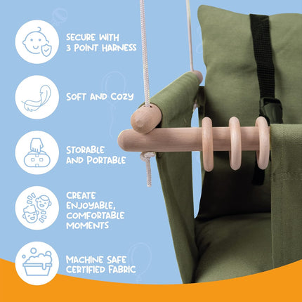 Indoor Outdoor Canvas Toddler Swing Seat in Green with 3-Point Harness
