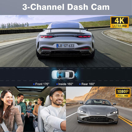4K UHD 3-Channel Front, Rear & Inside Dash Cam with 64G SD Card