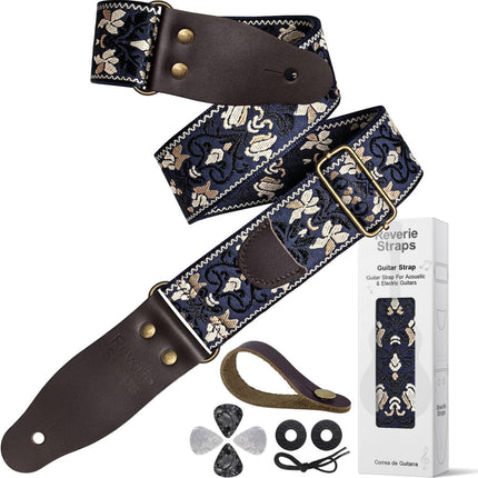 Vintage Embroidered Cotton Guitar Strap with Leather Ends, Dark Blue Jacquard