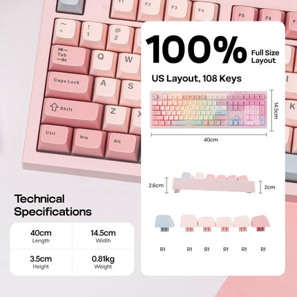 Pink Full Size USB-C Wired Membrane Gaming Keyboard