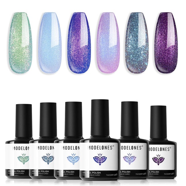 Chameleon Aurora Shimmer Glitter Gel Nail Polish Set, 6 Colors