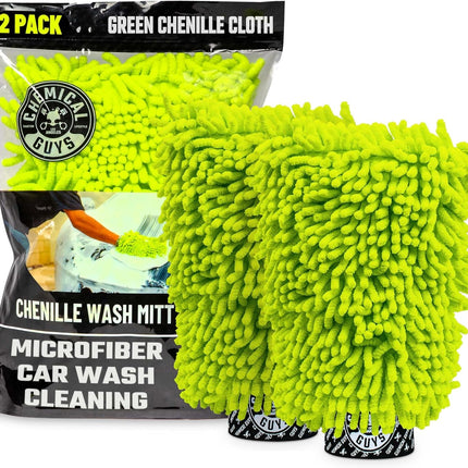 Chenille Premium Scratch-Free Microfiber Wash Mitts - 2 Pack, Lime Green
