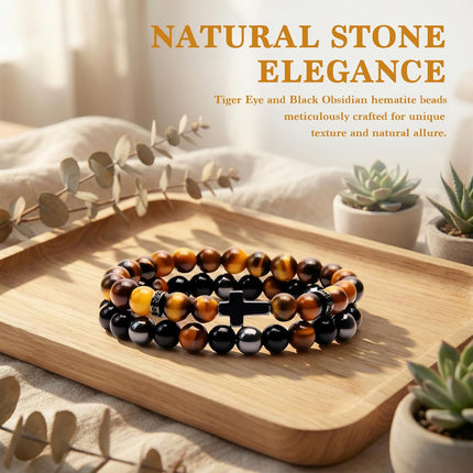 Cross Bracelet for Men with Black Obsidian, Hematite & Yellow Tiger Eye Beads