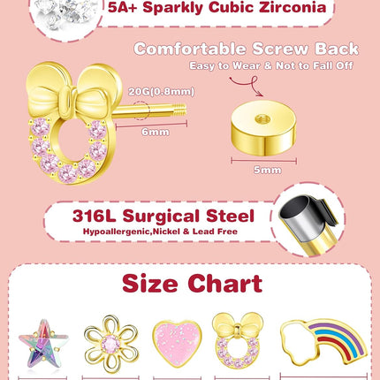 Hypoallergenic 14K Gold Plated Screw Back Stud Earrings Set for Girls, Toddlers and Kids - 5 Pairs