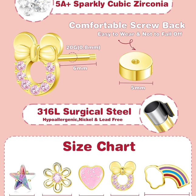 Hypoallergenic 14K Gold Plated Screw Back Stud Earrings Set for Girls, Toddlers and Kids - 5 Pairs