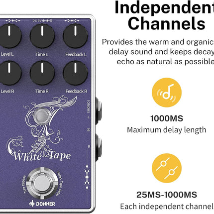 White Tape Stereo Analog Delay Pedal with Echo Effect