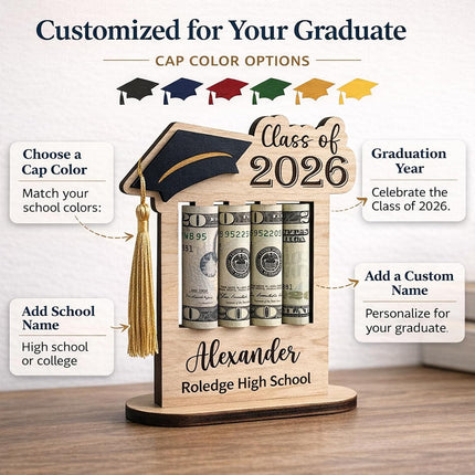 SourceToHome FuenteACasa Graduation Gifts Class of 2026 Money Holder - Custom Name & School — Home & Lifestyle