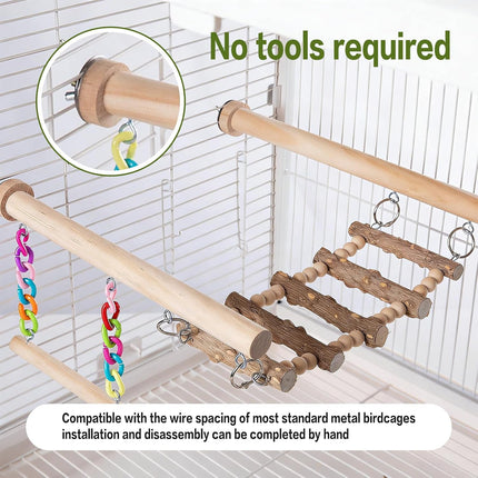 PawHaven RefugioPata Bird Perches Ladder with Swing, Natural Wood Parrot Climbing Bridge Perch — Pet Supplies