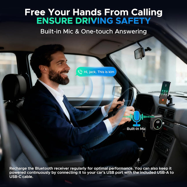 Bluetooth Audio Receiver with 3.5mm AUX, 16H Battery, Noise Cancellation, Auto Connect & Dual Pairing - Black