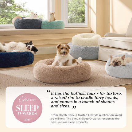 Calming Donut Pet Bed, Medium 30-Inch Round Plush Faux Fur, Camel