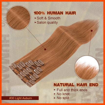 20-Inch Light Auburn Clip-In Remy Human Hair Extensions, 8-Piece Full Head Set