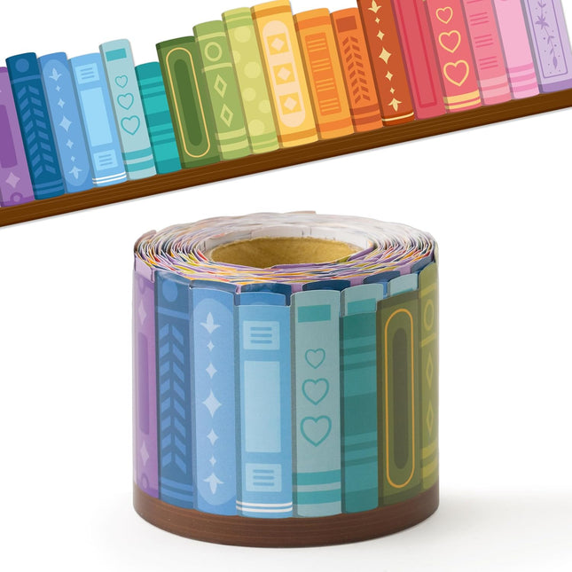 Colorful Bookshelf Border Trim - 65 ft Back to School Books Rolled Bulletin Board Border