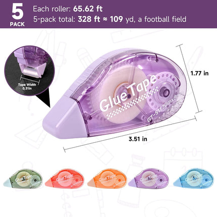 65.62 ft Extra-Long Double Sided Glue Tape, 0.31 in Wide, 5-Pack, Photo-Safe Acid-Free Scrapbook Tape, Multicolor