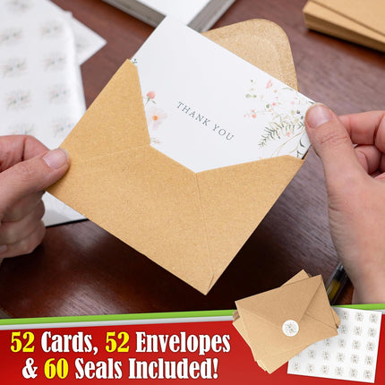 52-Pack Floral Thank You Cards with Kraft Envelopes and Stickers
