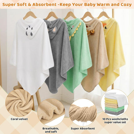 15-Piece Baby Bath Towels Set with Animal Hooded Towels and Washcloths