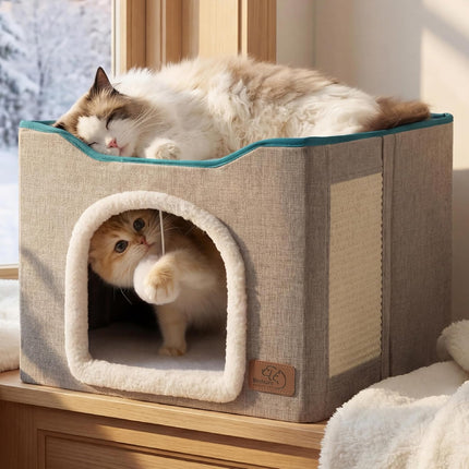 Large Grey Cat Cave with Scratch Pad and Hanging Ball