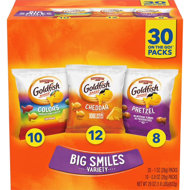 Big Smiles Variety Pack Crackers with Cheddar, Colors, and Pretzels, 30 Snack Packs