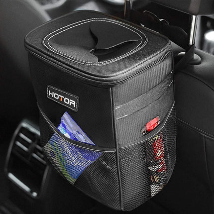 Car Trash Can with Lid and Storage Pockets, 2 Gallons, Black