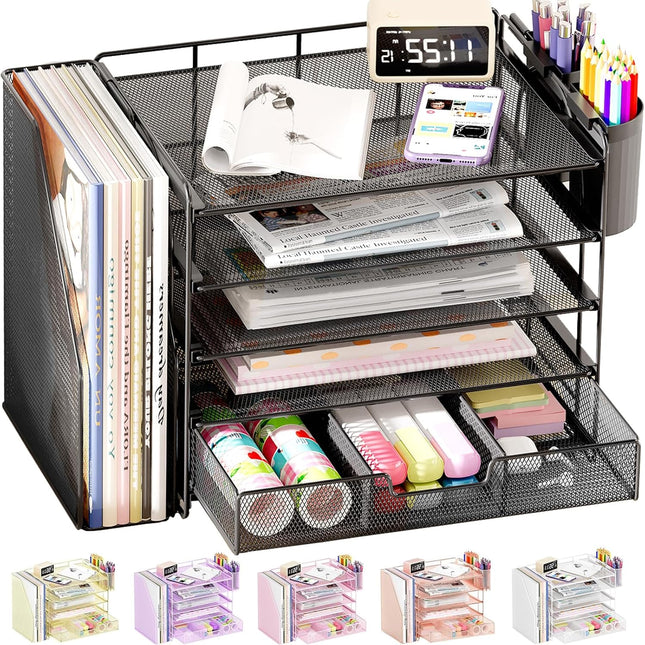 Black 5-Tier Desk Organizer with Drawer and Pen Holder