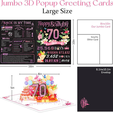 70th Birthday Card for Women, Jumbo Pop Up 70th Birthday Card, Back In 1956 Happy 70 Year Old Birthday Decorations, Funny Birthday Gift