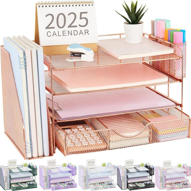 Rose Gold 4-Tier Desk Organizer with File Holder, Drawer and 2 Pen Holders