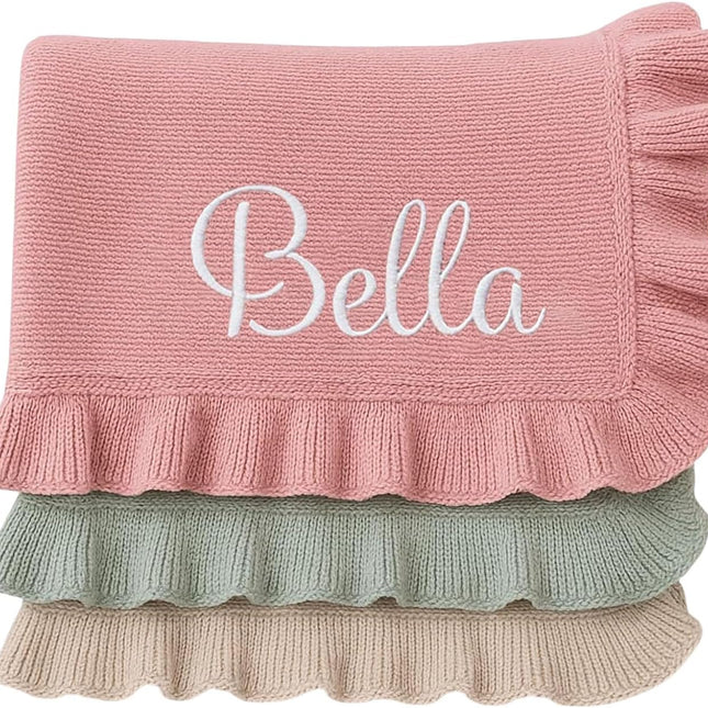 Personalized Baby Blanket with Name - Custom Embroidered Knitted Ruffled Blanket, 30x40 Inch