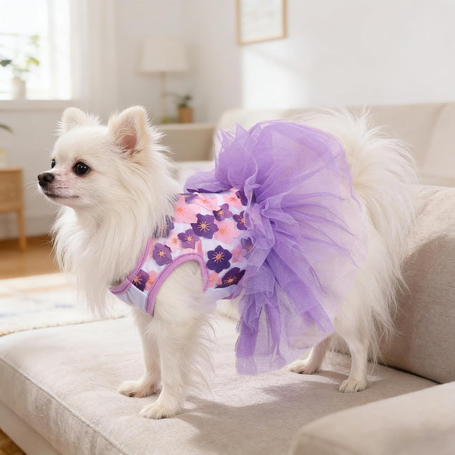 Purple Floral XXX-Small Pet Princess Dress with Bow Clip