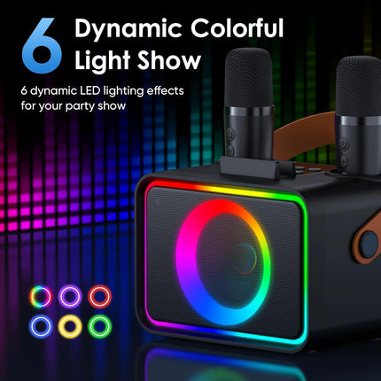 Portable Bluetooth Karaoke Speaker with 2 Wireless Microphones and LED Lights