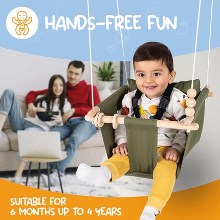 Indoor Outdoor Canvas Toddler Swing Seat in Green with 3-Point Harness
