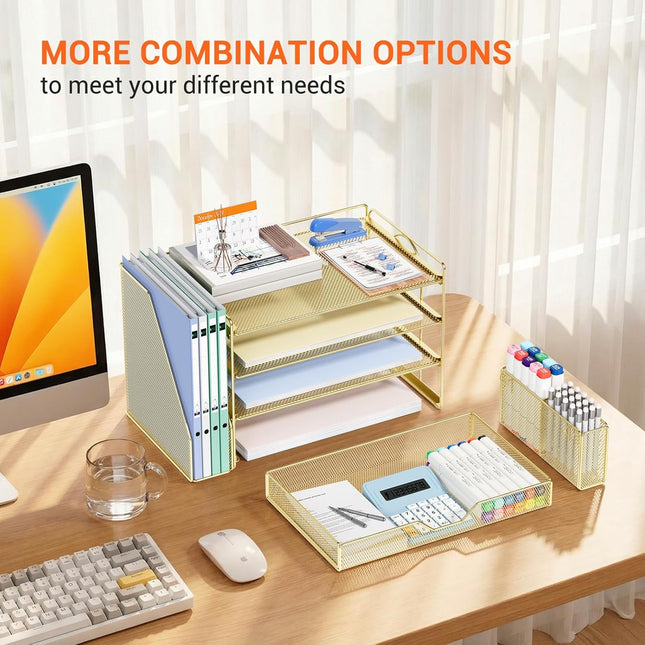 Gold 4-Tier Desk Organizer with Drawer and Pen Holder