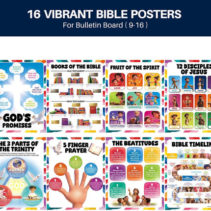 16-Piece Kids Bible Poster Set, 11 x 14 in Laminated Classroom Wall Art