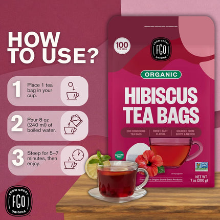 Organic Hibiscus Herbal Tea Bags, 100 Count, Caffeine Free