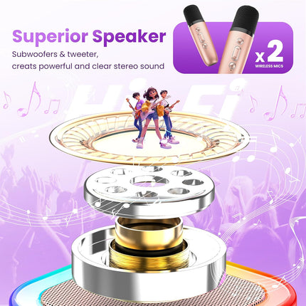 Mini Karaoke Machine with 2 Wireless Microphones and Party Lights, Rose Gold