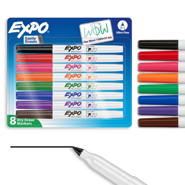 Low Odor Dry Erase Markers, Assorted Colors, Ultra Fine Tip, 8 Count