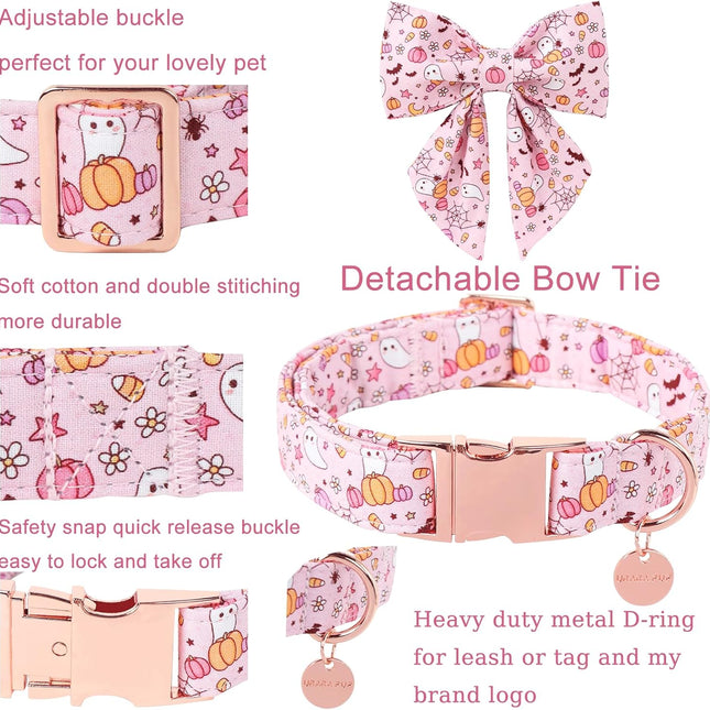 Pink Halloween Dog Collar with Flower, Adjustable Metal Buckle, M