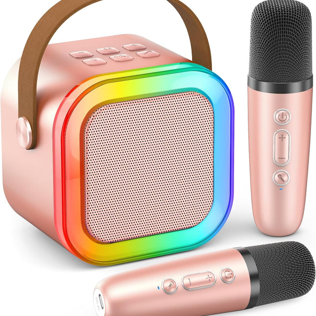Mini Karaoke Machine with 2 Wireless Microphones and Party Lights, Rose Gold
