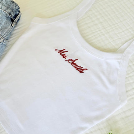 Embroidered Mrs. Spaghetti Strap Bridal Tank Top in White